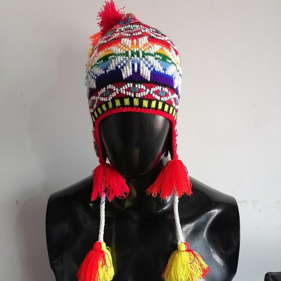 Peruvian Floral Chullo Knitted Wool Multicolored Beads Multicolored Peruvian Floral Chullo Knitted Wool Multicolored Beads  main image 2